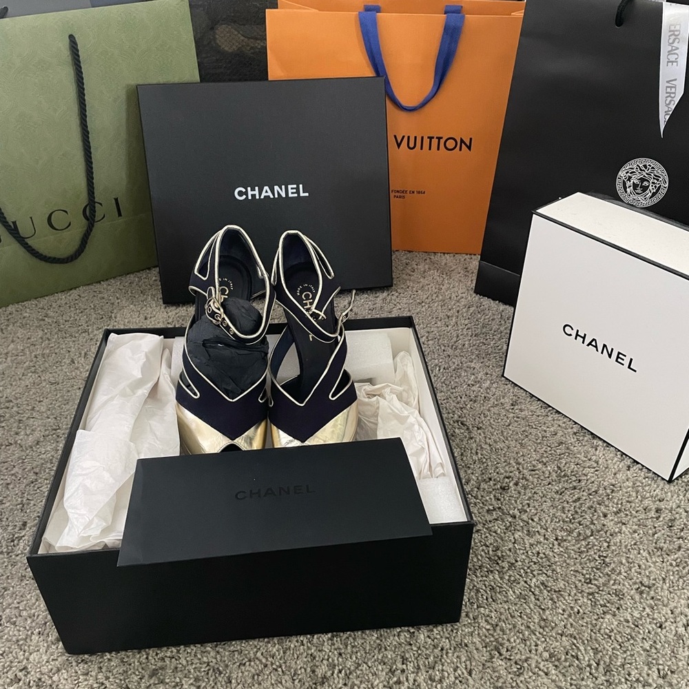 "Navy Canvas Chanel Pumps with Gold Heel - Authentic Luxury on Poshmark" - Picture 6 of 11